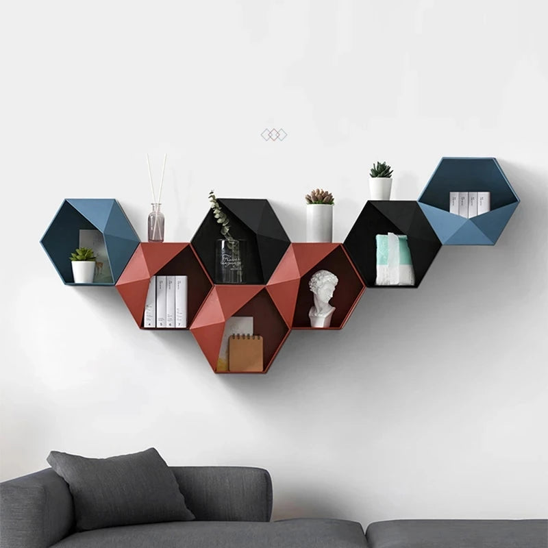 Nordic Living Room Wall-Mounted Geometric Punch-free Decoration Bathroom Shelf Hexagon Storage Rack