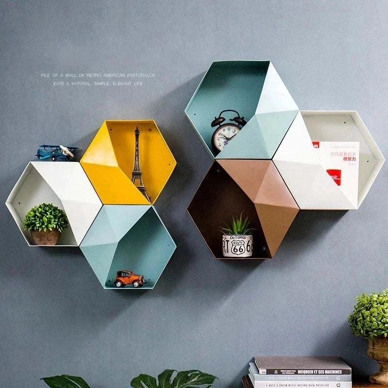 Nordic Living Room Wall-Mounted Geometric Punch-free Decoration Bathroom Shelf Hexagon Storage Rack