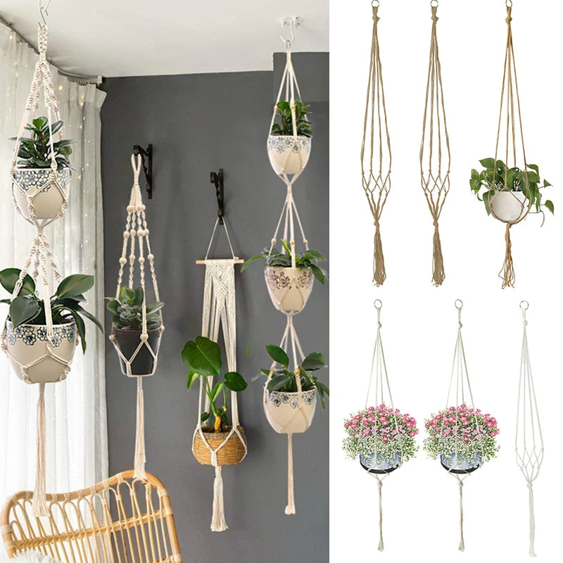 1Pc Handmade Flower/Pot Hanging Baskets Macrame Plant Hanger Flowerpot Holder Net For Wall Countyard