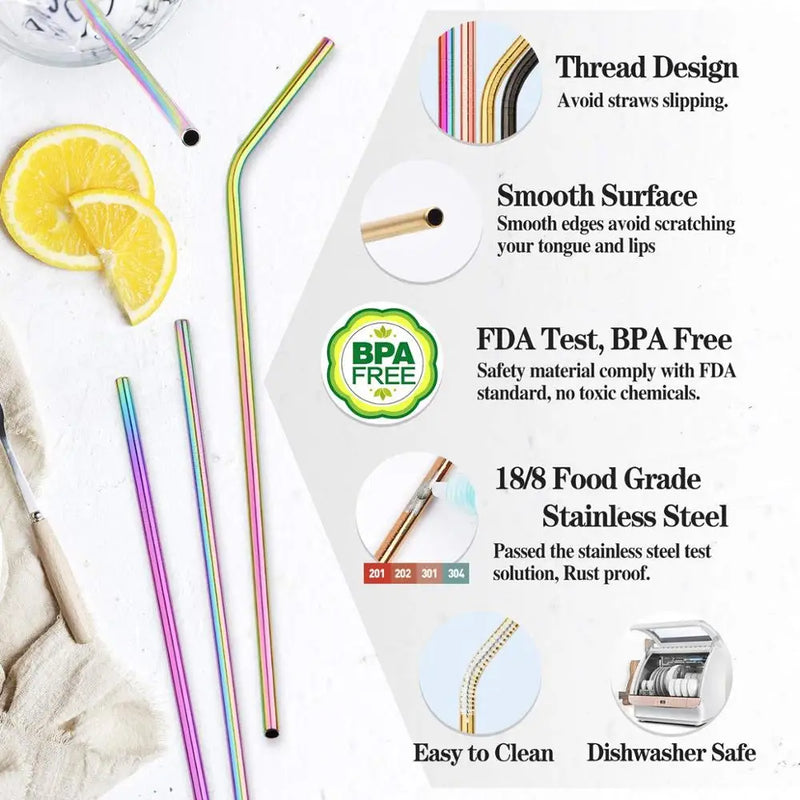 Reusable Drinking Straw 304 Stainless Steel Straight Bent Metal Straw with Cleaner Brush Pouch