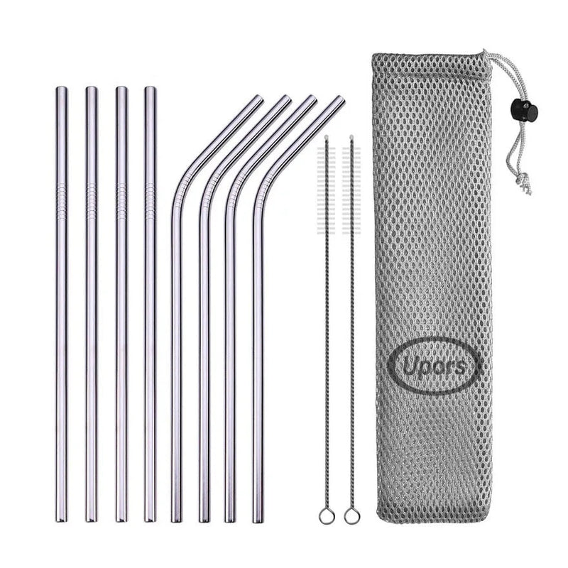 Reusable Drinking Straw 304 Stainless Steel Straight Bent Metal Straw with Cleaner Brush Pouch