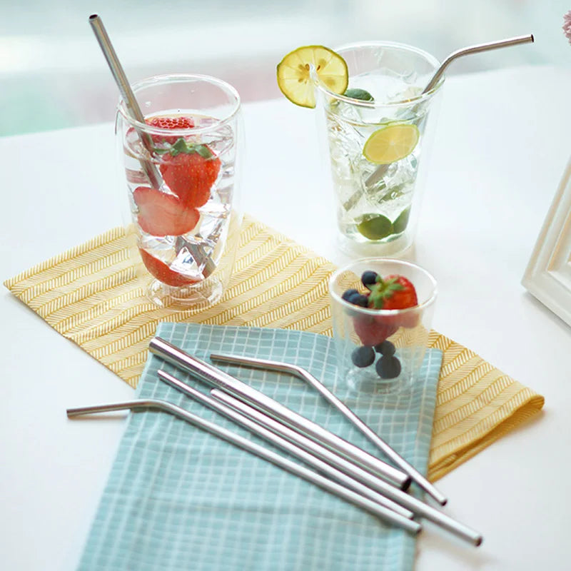 Reusable Drinking Straw 304 Stainless Steel Straight Bent Metal Straw with Cleaner Brush Pouch