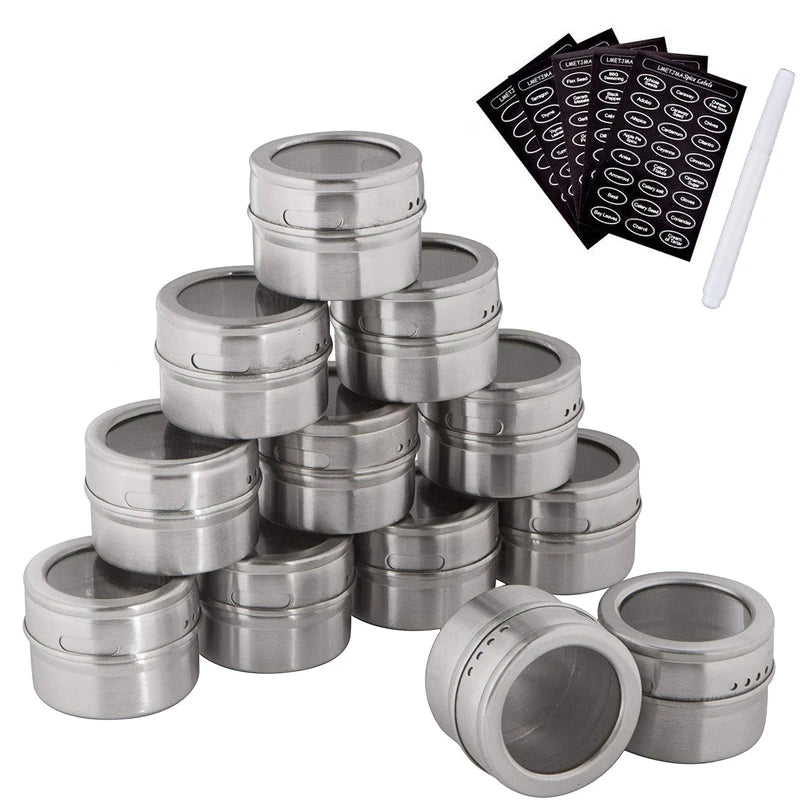 Magnetic Spice Jars with Spice Labels, Chalkboard Pen Stainless Steel Pepper Spice Storage Jars Tins