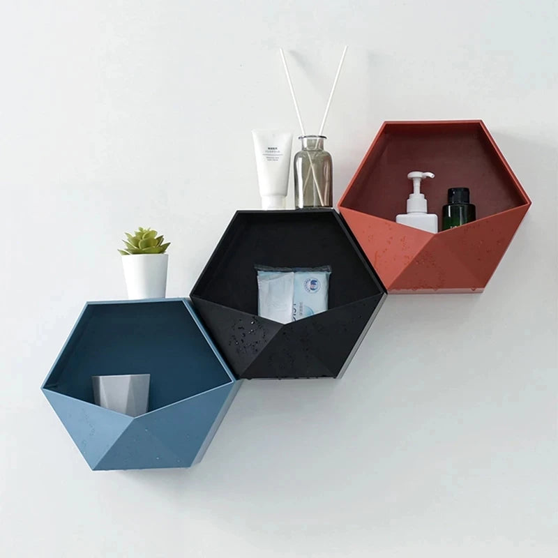 Nordic Living Room Wall-Mounted Geometric Punch-free Decoration Bathroom Shelf Hexagon Storage Rack