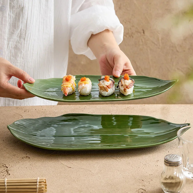 Japanese Bamboo Leaf-Shaped Ceramic Sushi Plate