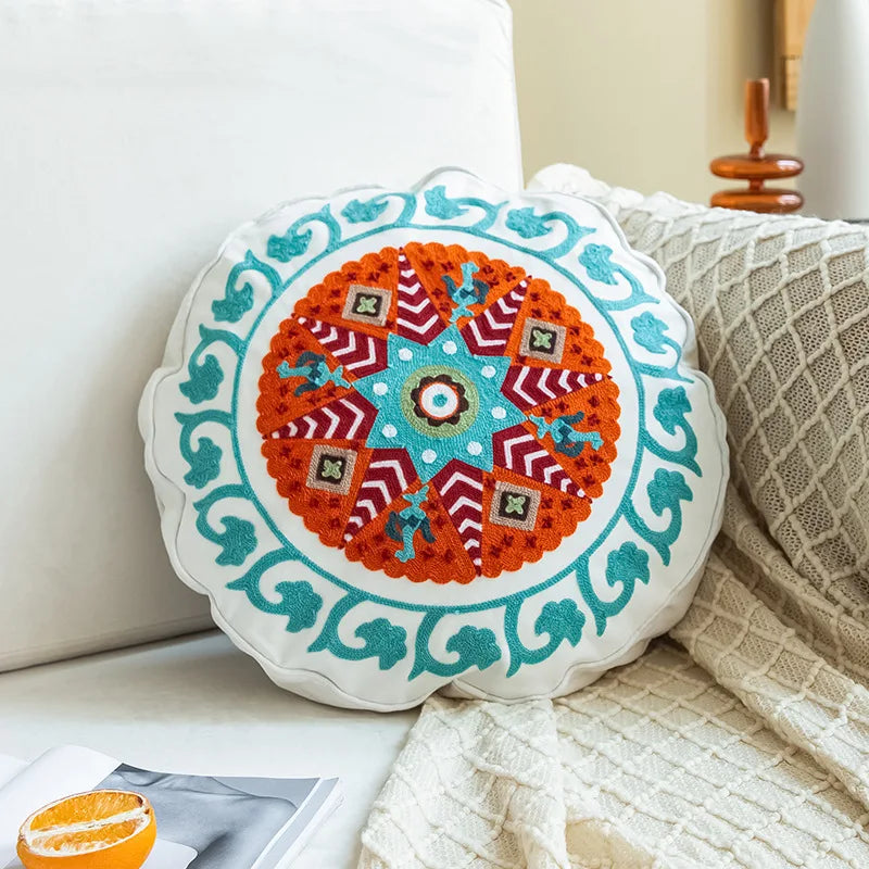 Moroccan Ethnic Round Cushion Cover - Mandala Floral Embroidery Throw Pillow Case