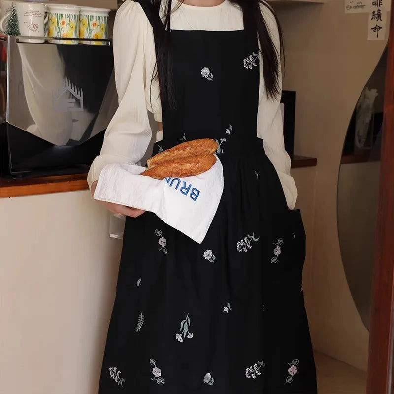 Waterproof Cotton Embroidered Kitchen Apron for Women – Cross-Back Long Skirt Pinafore with Pockets