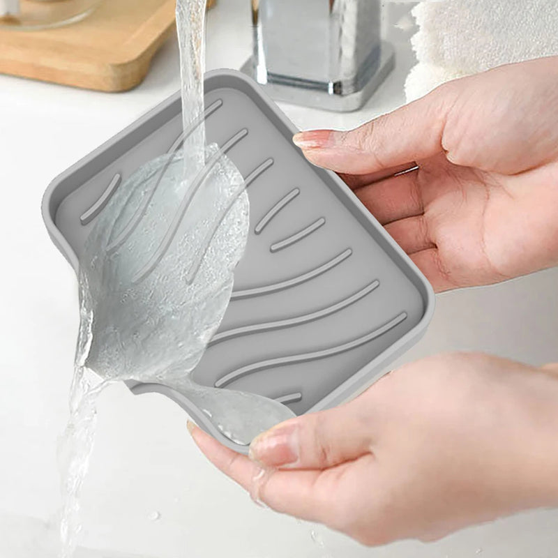 Self-Draining Soap Bar Holder – Silicone bathroom or Kitchen Sink Soap Dish & Sponge Tray Organizer