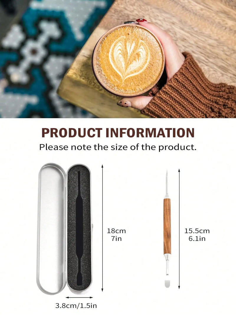 Leeseph Stainless Steel Coffee Art Pen with Wooden Handle – Latte Needle & Cappuccino Barista Tool