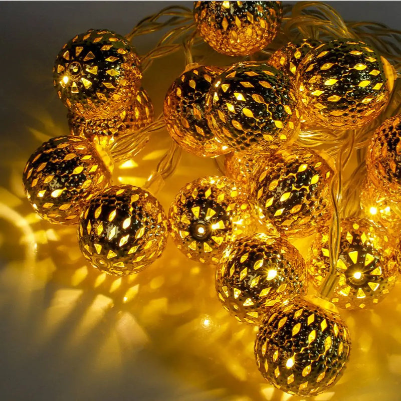 LED Moroccan Fairy Lights – Gold Globe Battery-Operated String Lights