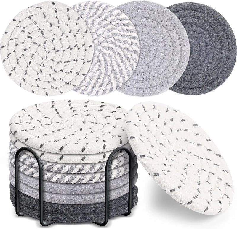 8-Piece Set Absorbent Woven Cotton Coasters – Minimalist Boho Coffee Table Decor