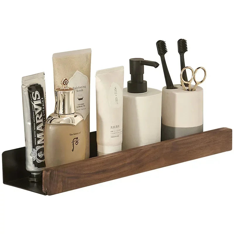 Solid Wood Adhesive Bathroom Shelf – Wall-Mounted Storage Organizer for Bathroom & Beyond