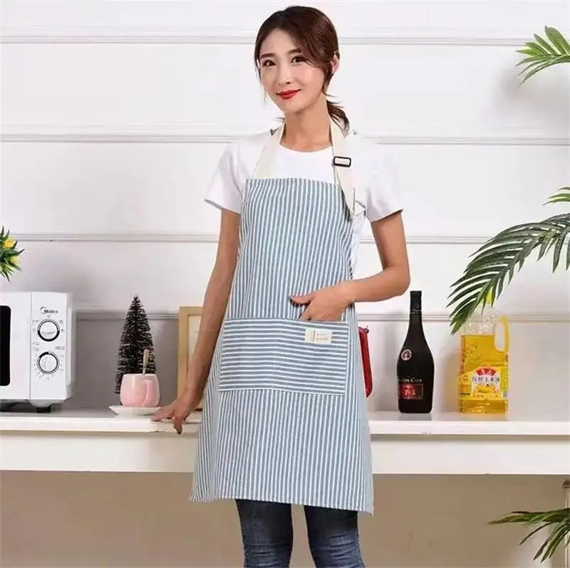 Cotton Linen Striped Apron With Thin Cotton Fabric Waistband For Stain Oil Resistance Apron Kitchen