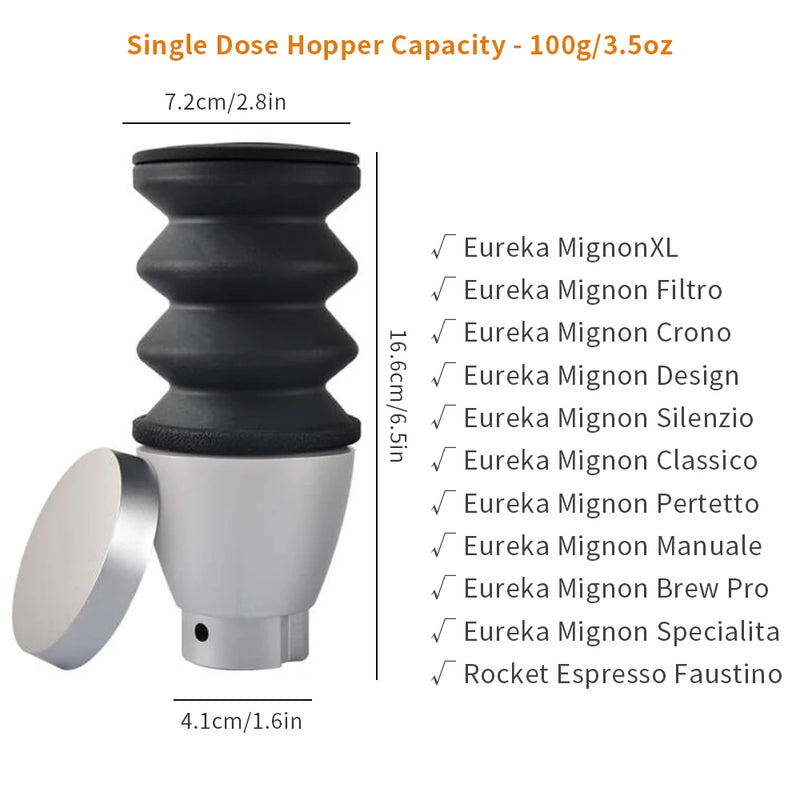 Coffee Grinder Single Dose Hopper with Bellows – Cleaning Tool for Eureka Mignon and Helios