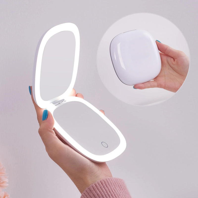 Compact LED Magnifying Travel Makeup Mirror – 1X/10X Dual-Sided USB Rechargeable Mirror