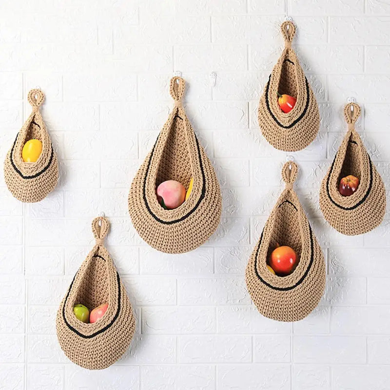 Woven Hanging Wall Basket Cotton Rope Knitted Rustic Jute Waterdrop Shape Fruits Vegetable Storage