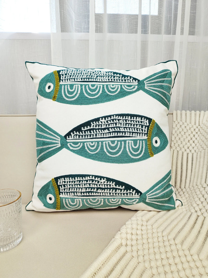 Blue Fish Embroidered Cushion Cover – Elegant Coastal Home Accent