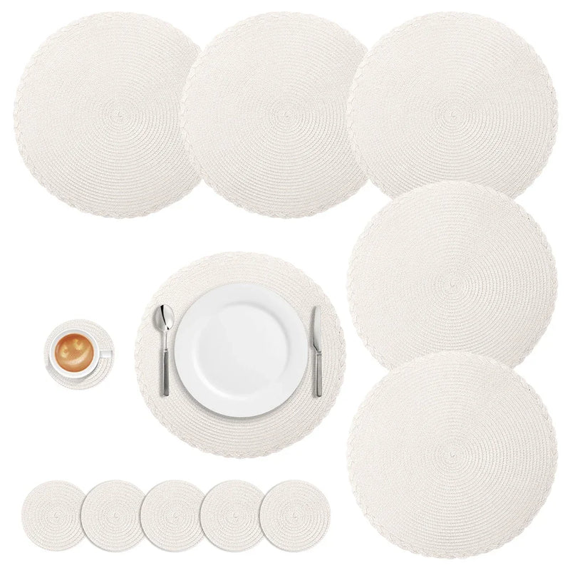 Set of Braided Woven Round Placemats and Coasters – Heat Resistant & Washable Dining Table Mats