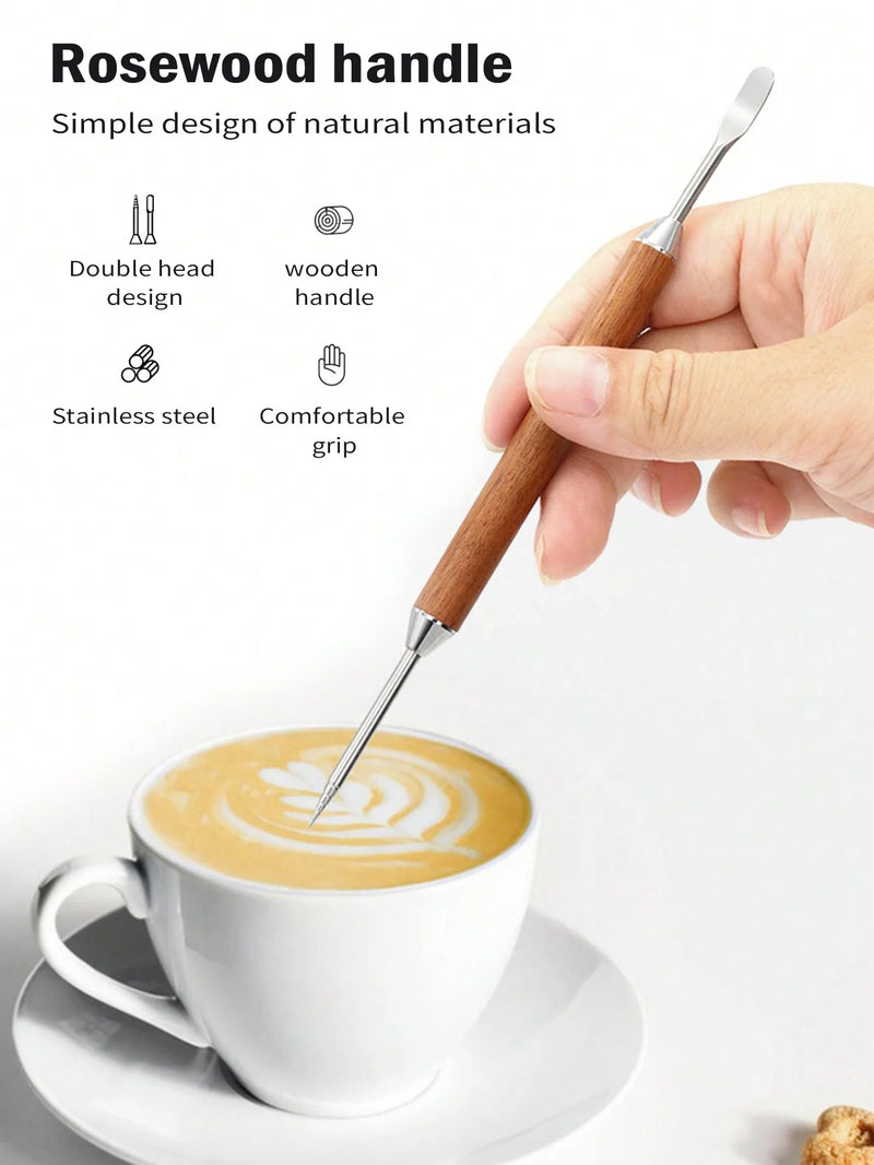 Leeseph Stainless Steel Coffee Art Pen with Wooden Handle – Latte Needle & Cappuccino Barista Tool