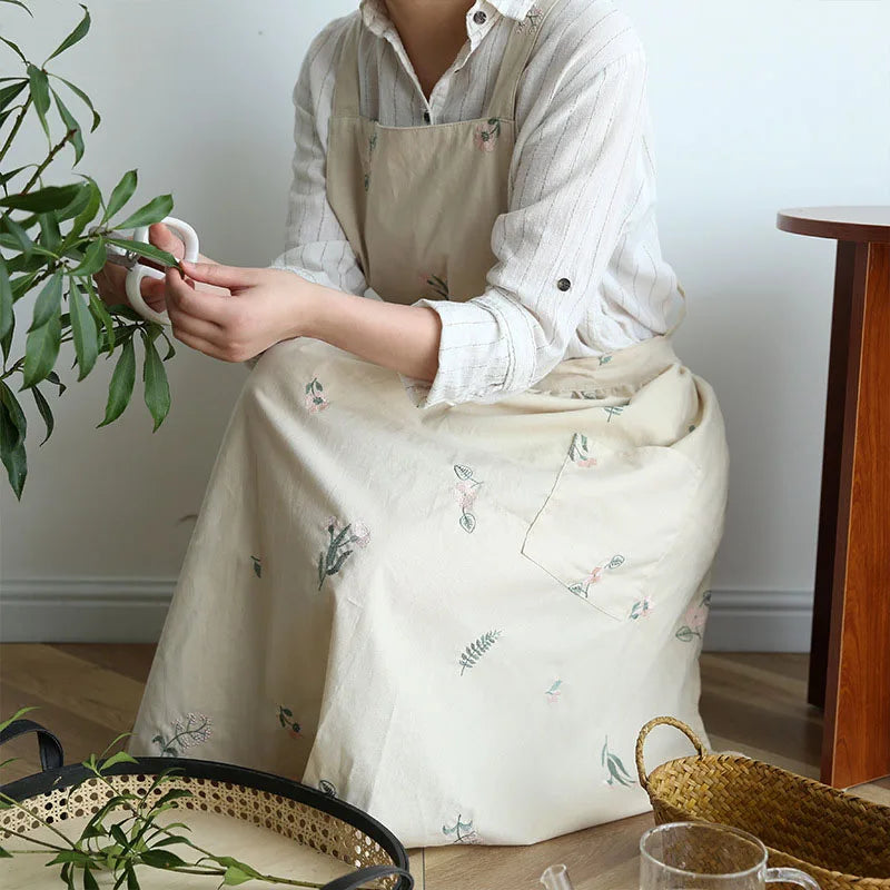 Waterproof Cotton Embroidered Kitchen Apron for Women – Cross-Back Long Skirt Pinafore with Pockets