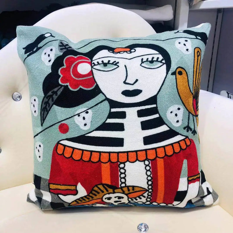 Picasso-Inspired Abstract Embroidered Cushion Cover