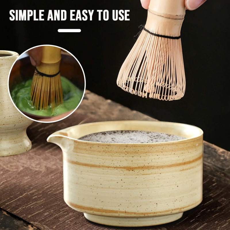 4 Piece Japanese Matcha Tea Set – Natural Bamboo Whisk & Pottery Bowl for Authentic Tea