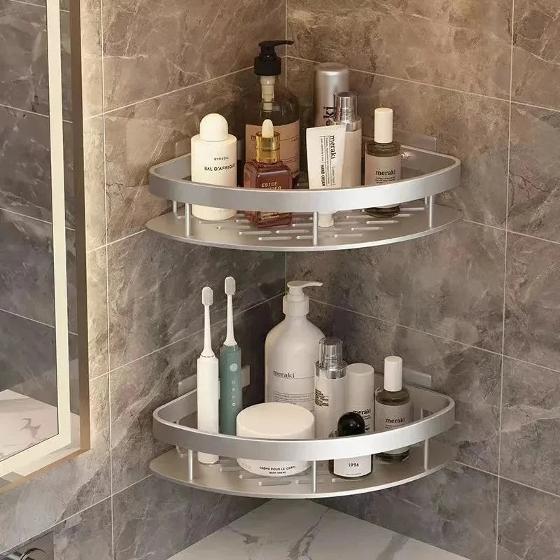 Bathroom Shelf Aluminum Alloy Shampoo Rack Kitchen Storage Organizer Shelves No Drill Corner Shelf