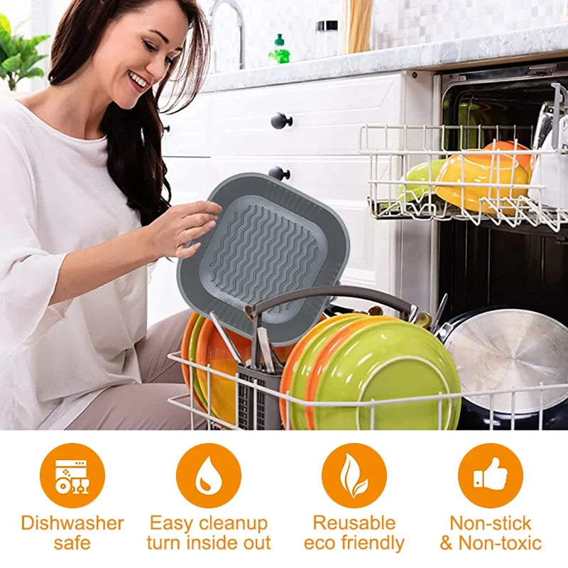 Silicone Air Fryer Pot Tray Food Safe Reusable Square Plate Airfryer Oven Baking Mold Basket Pan