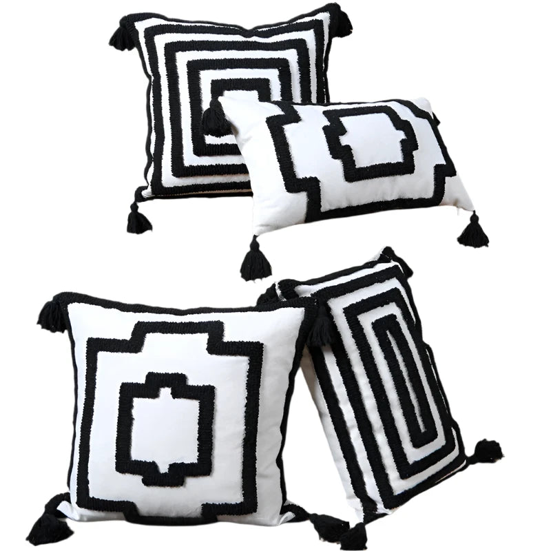 Moroccan Black & White Stripe Tufted Throw Pillow Cover with Tassels