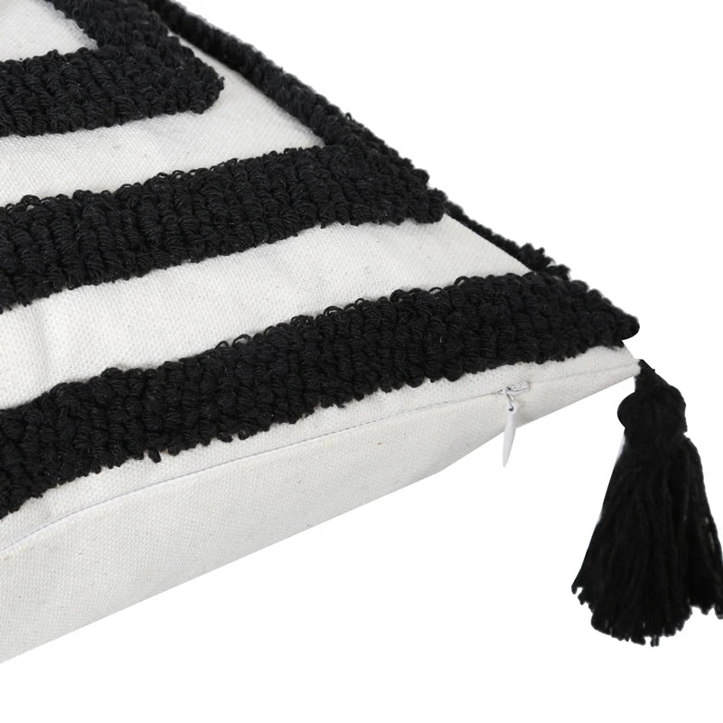 Moroccan Black & White Stripe Tufted Throw Pillow Cover with Tassels