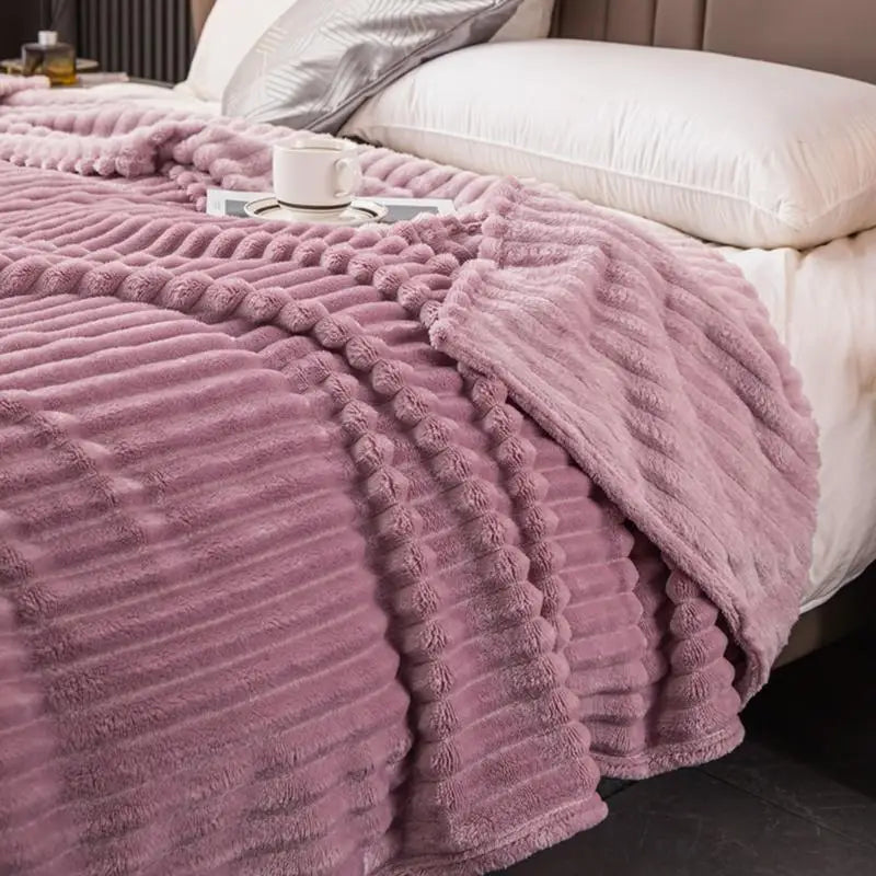 Luxury Soft Faux Throw Blanket Warm Soft Solid Color Thickened Plaid Fuzzy Fleece Blanket Bedroom