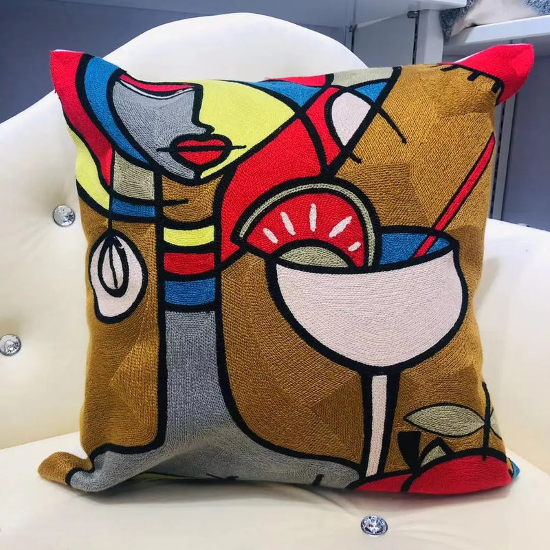 Picasso-Inspired Abstract Embroidered Cushion Cover