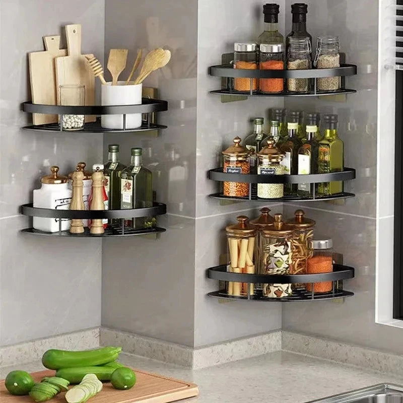 Bathroom Shelf Aluminum Alloy Shampoo Rack Kitchen Storage Organizer Shelves No Drill Corner Shelf