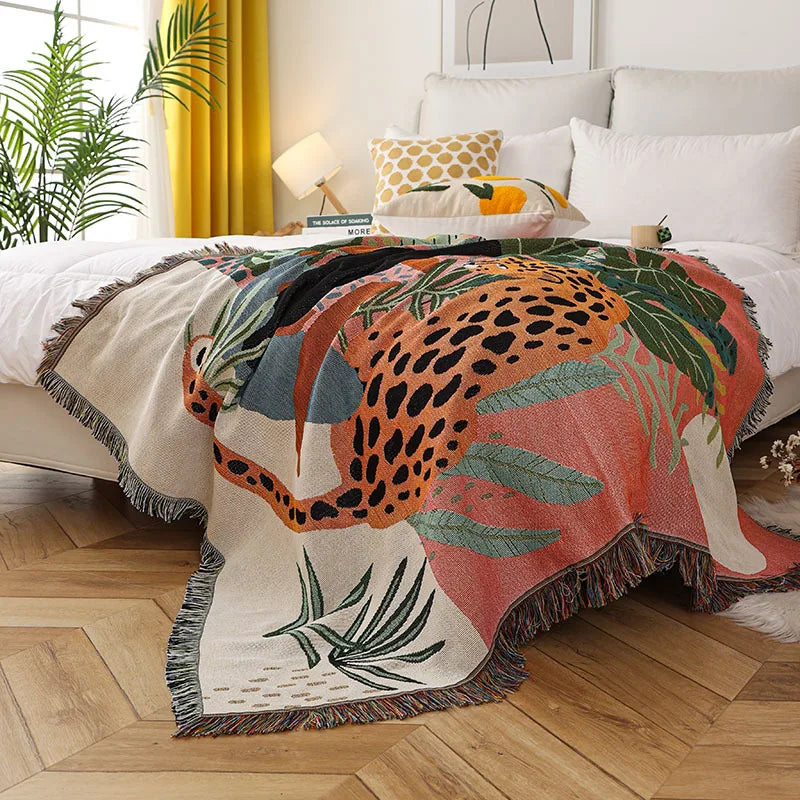 Women Leopard Throw Blanket Multifunction Beach Sofa Covers Tassel Dust Cover Blankets for Bed