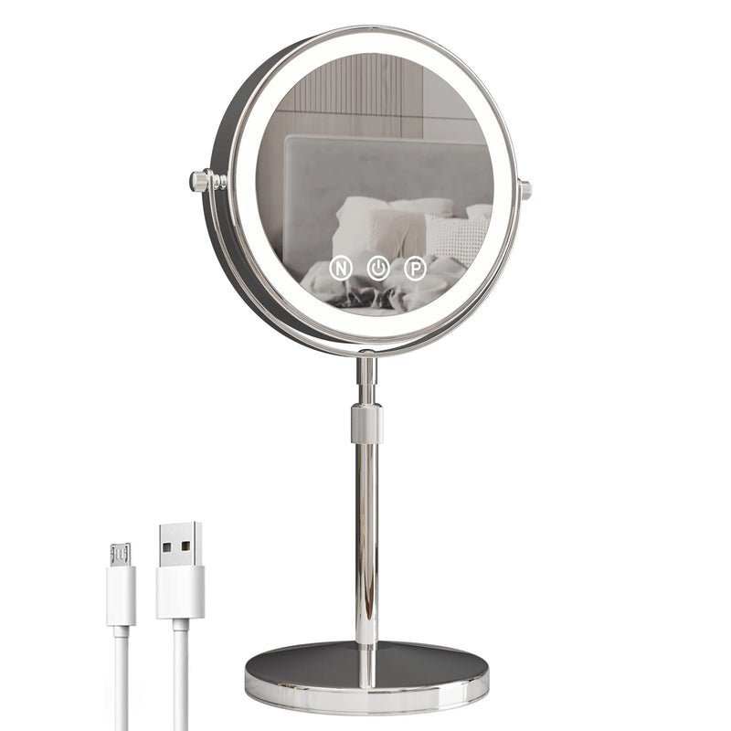 9-Inch 360° Rotating Makeup Mirror with LED Light - Double-Sided 1X/3X Magnification