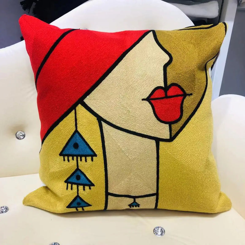 Picasso-Inspired Abstract Embroidered Cushion Cover