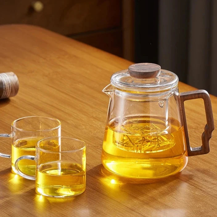 Glass Teapot with Walnut Lid – 620ml Hand-Blown Tea Set