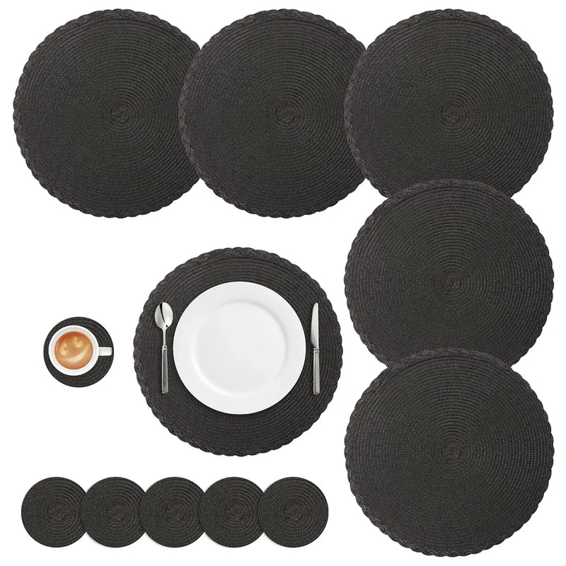 Set of Braided Woven Round Placemats and Coasters – Heat Resistant & Washable Dining Table Mats