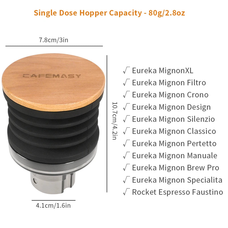 Coffee Grinder Single Dose Hopper with Bellows – Cleaning Tool for Eureka Mignon and Helios