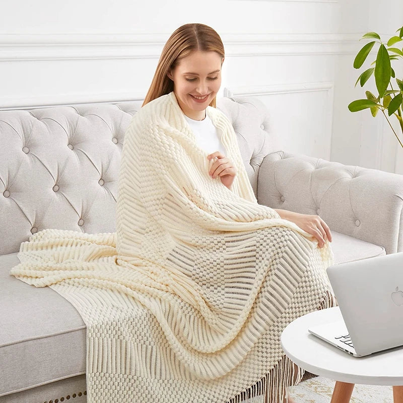 White Boho Throw Blankets Textured Knitted Blankets Chunky Vintage Luxury Throw Bedspread Blanket