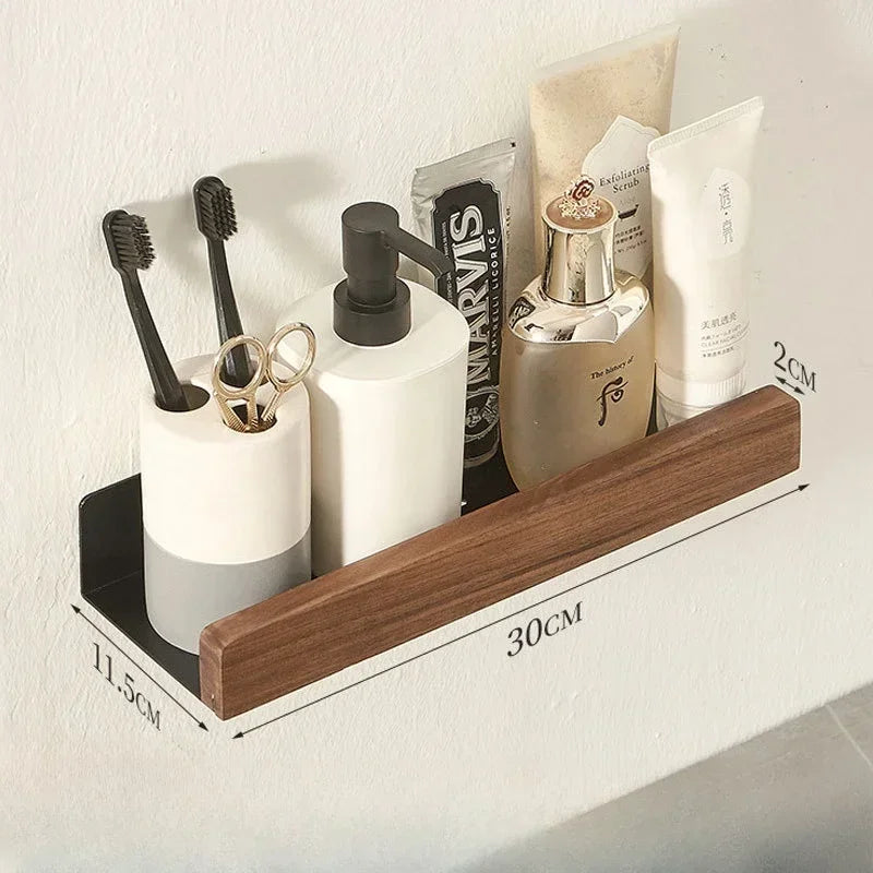 Solid Wood Adhesive Bathroom Shelf – Wall-Mounted Storage Organizer for Bathroom & Beyond