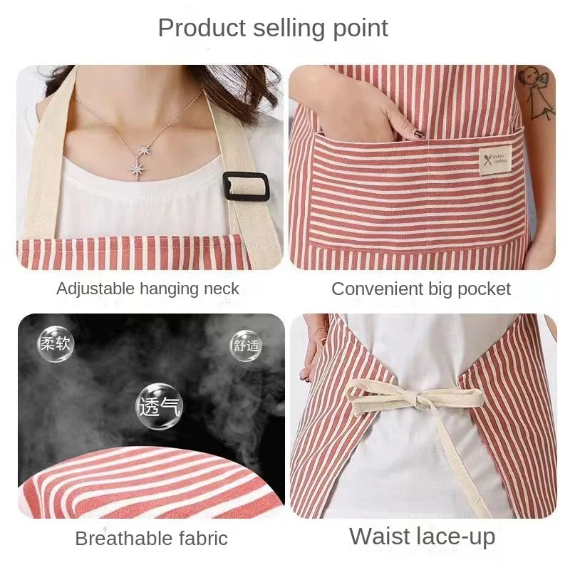 Cotton Linen Striped Apron With Thin Cotton Fabric Waistband For Stain Oil Resistance Apron Kitchen