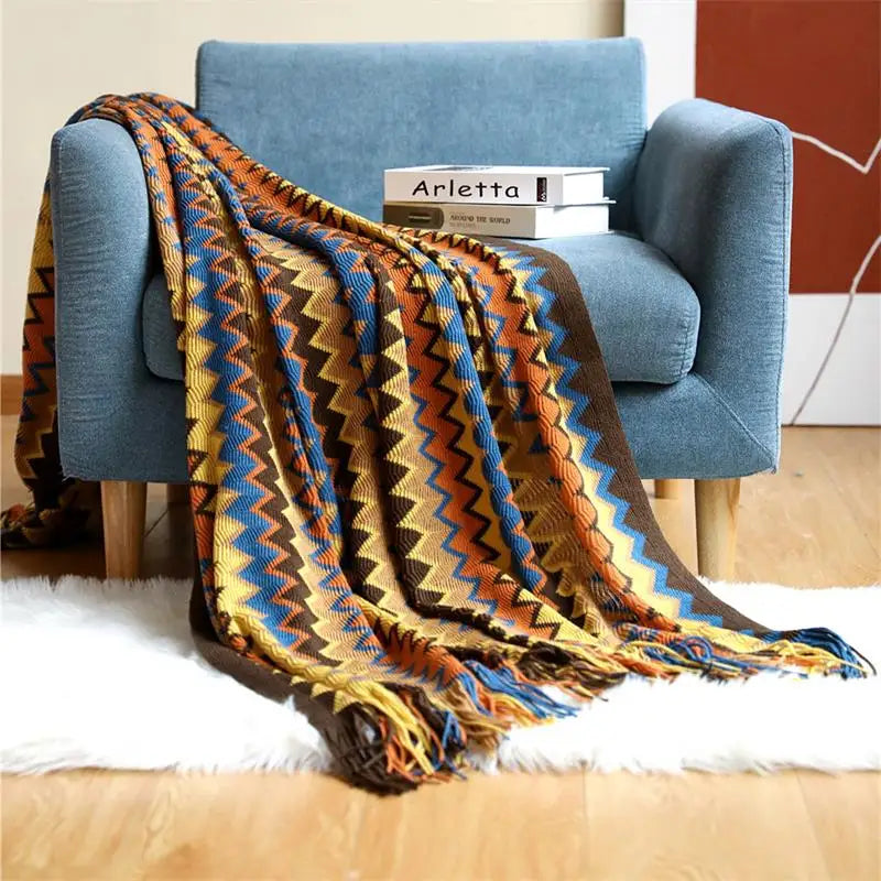 Hand Knitted Blanket with Tassel Summer Bed Sofa Breathable Chic Bohemian Soft Comfortable Blanket