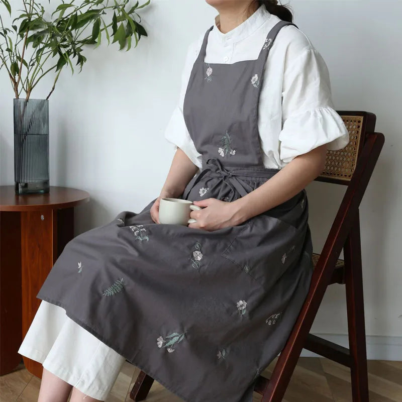 Waterproof Cotton Embroidered Kitchen Apron for Women – Cross-Back Long Skirt Pinafore with Pockets