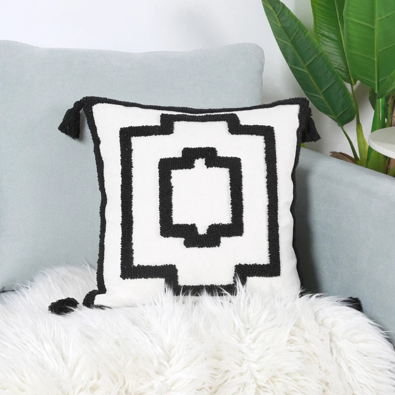 Moroccan Black & White Stripe Tufted Throw Pillow Cover with Tassels