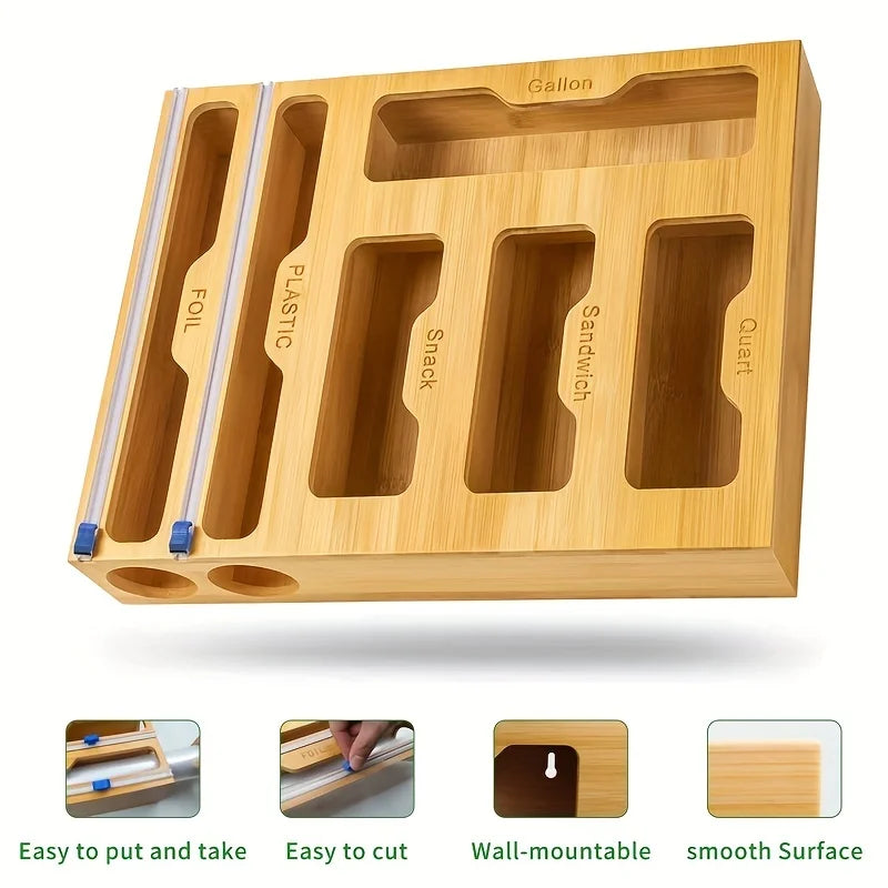 Bamboo Plastic Wrap Dispenser & Kitchen Storage Shelf – Ziplock Bag and Foil Organizer