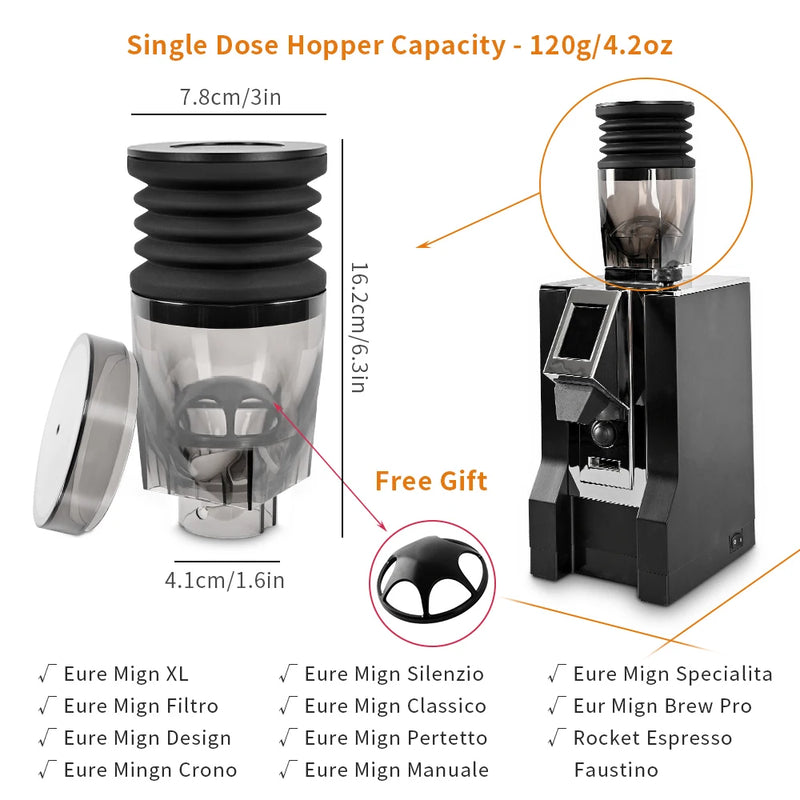 Coffee Grinder Single Dose Hopper with Bellows – Cleaning Tool for Eureka Mignon and Helios