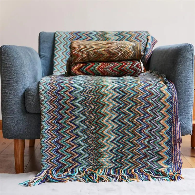 Hand Knitted Blanket with Tassel Summer Bed Sofa Breathable Chic Bohemian Soft Comfortable Blanket