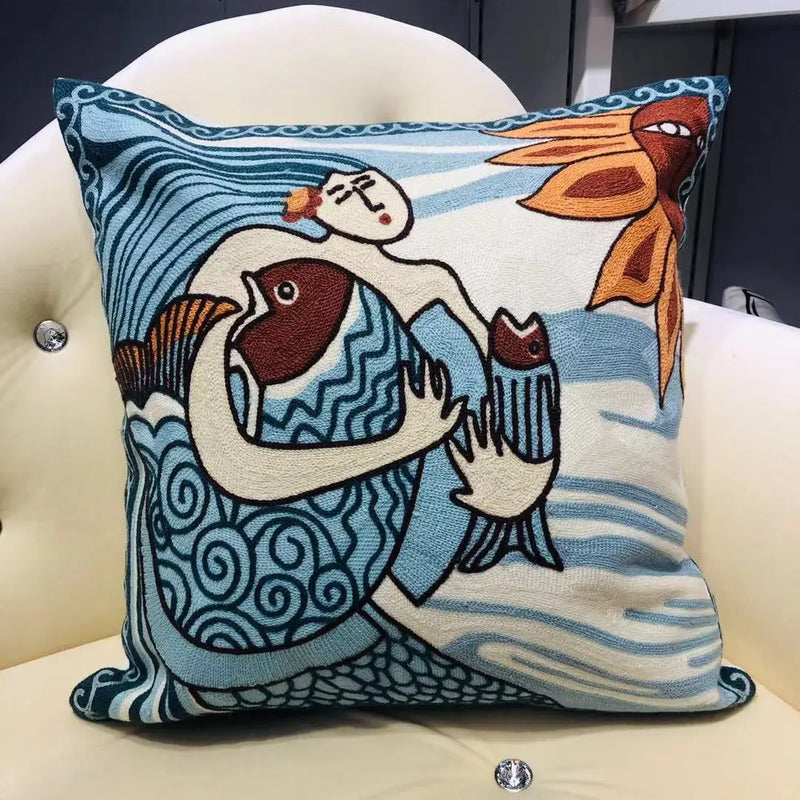 Picasso-Inspired Abstract Embroidered Cushion Cover