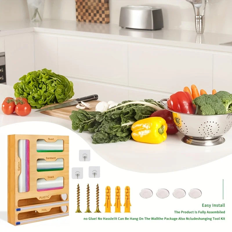 Bamboo Plastic Wrap Dispenser & Kitchen Storage Shelf – Ziplock Bag and Foil Organizer